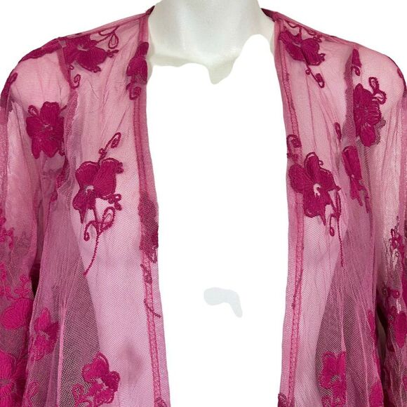 Dee Elly Pink Lace Embroidered Open Sheer Coverup Top Jacket Floral Fairy sz S - Picture 2 of 16
